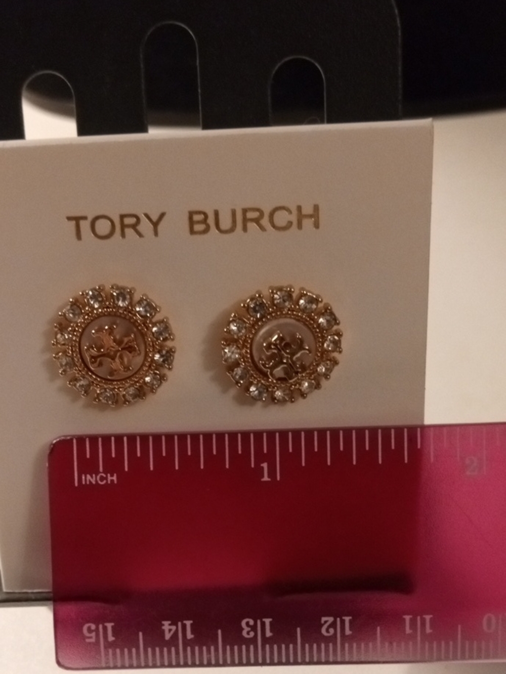 Tory Burch Gold Crystal Logo Stud Earrings - Gold - Picture 4 of 4